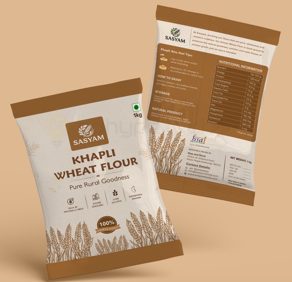 Sasyam Khapli Wheat Flour — 1 kg stone-ground atta packaging